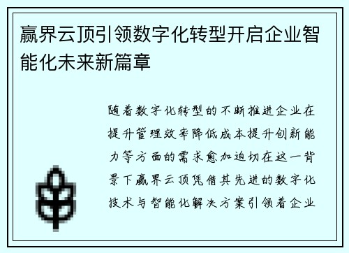 赢界云顶引领数字化转型开启企业智能化未来新篇章